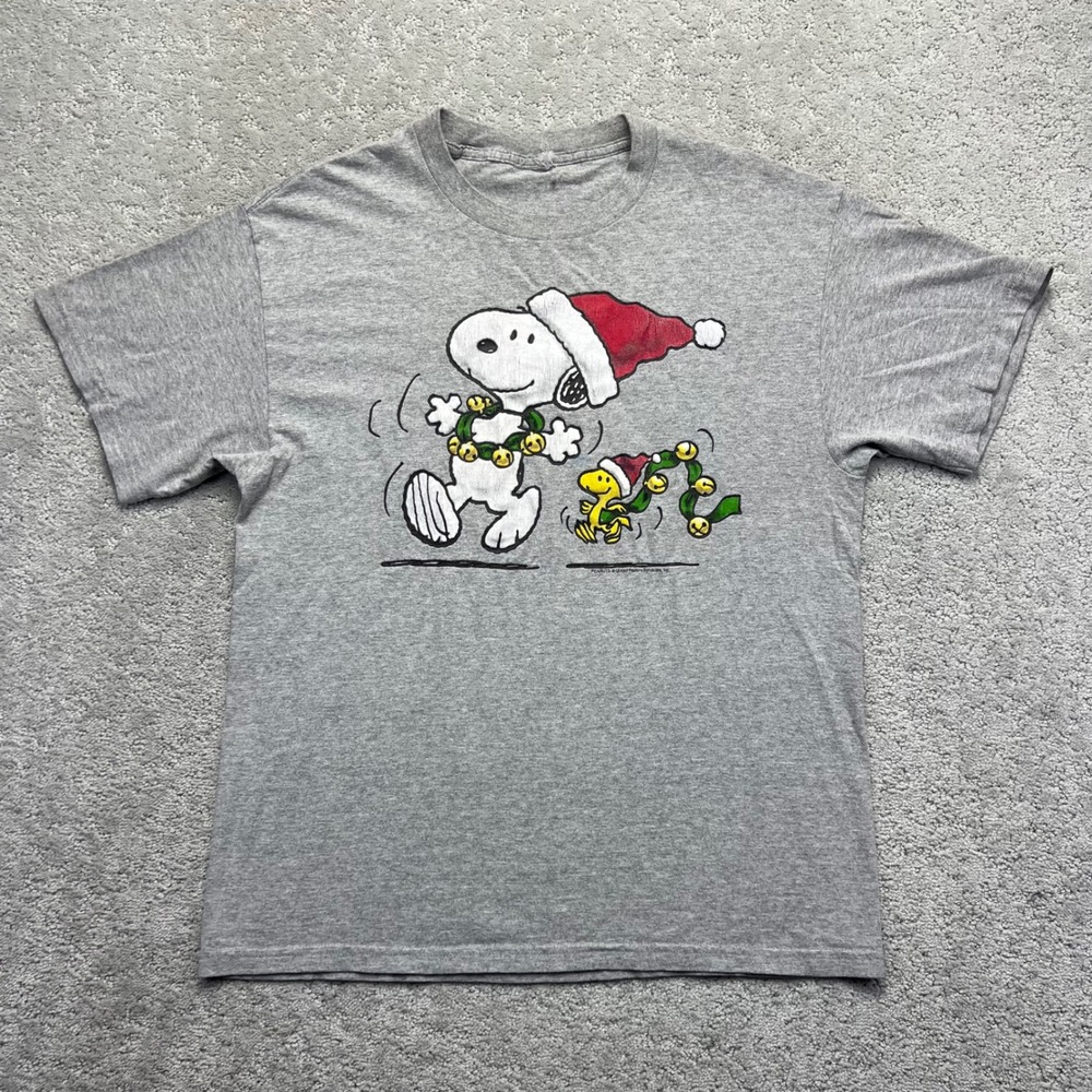 Y2k Peanuts Snoopy Woodstock T-Shirt Mens Medium Grey Christmas Jingle Graphic